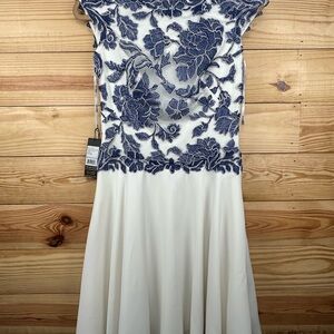 Tadashi Shoji White Midi Dress with Navy Floral Lace Bodice